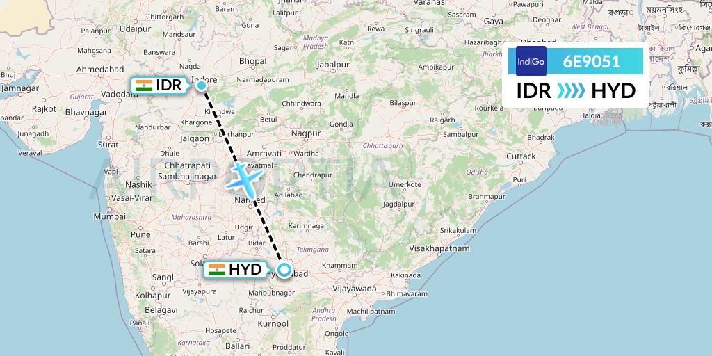 6E9051 IndiGo Airlines Flight Map: Indore to Hyderabad