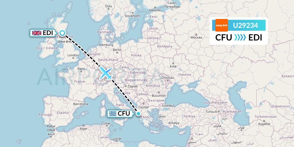 U29234 EasyJet Flight Map: Corfu to Edinburgh