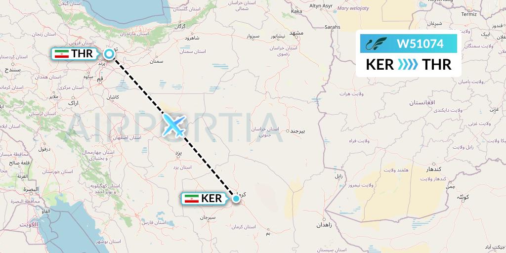 W51074 Mahan Air Flight Map: Kerman to Tehran