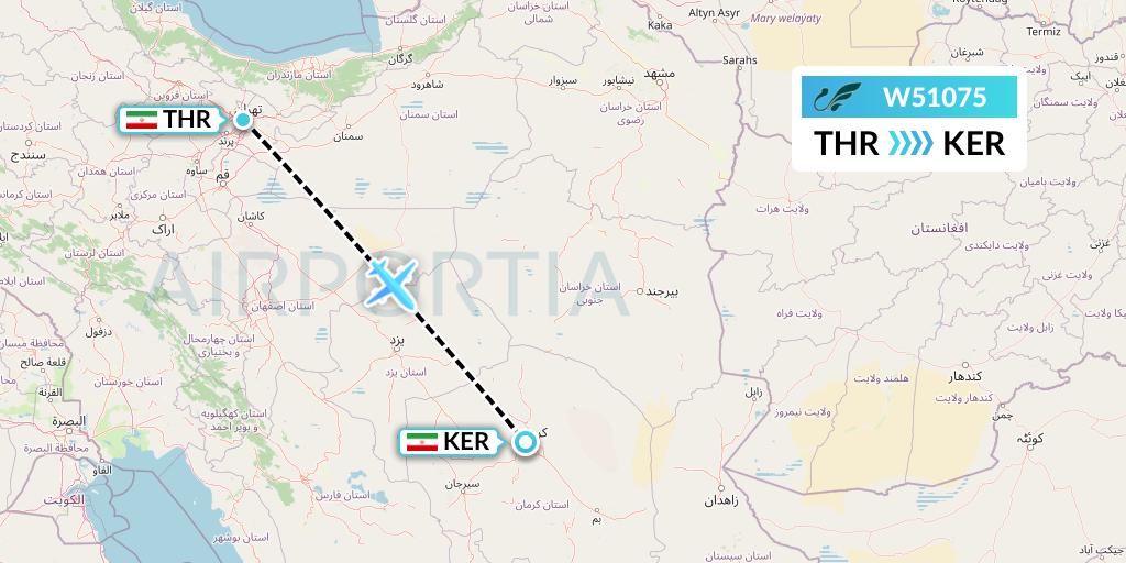W51075 Mahan Air Flight Map: Tehran to Kerman