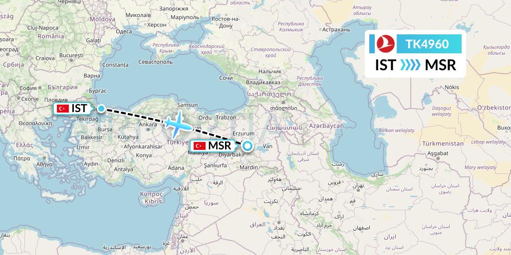TK4960 Turkish Airlines Flight Map: Istanbul to Mus