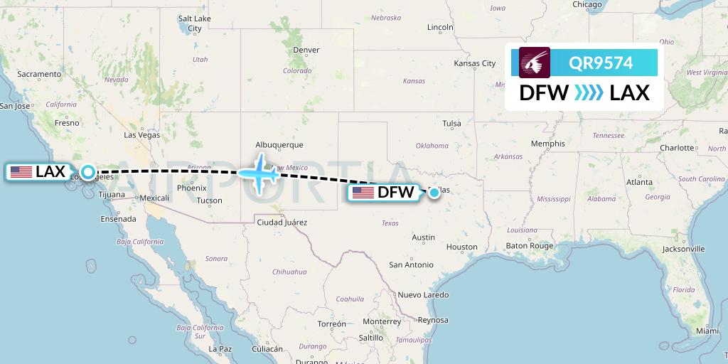 QR9574 Qatar Airways Flight Map: Dallas to Los Angeles