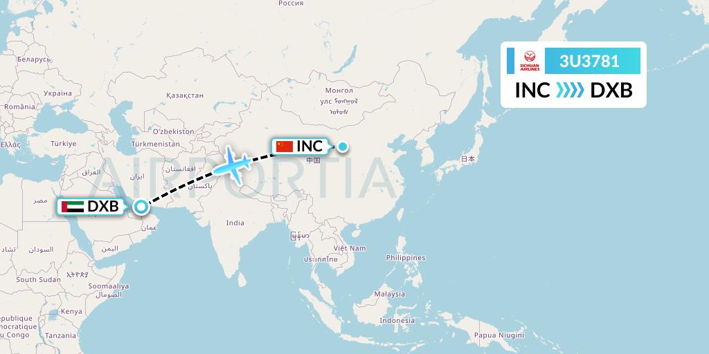 3U3781 Sichuan Airlines Flight Map: Yinchuan to Dubai