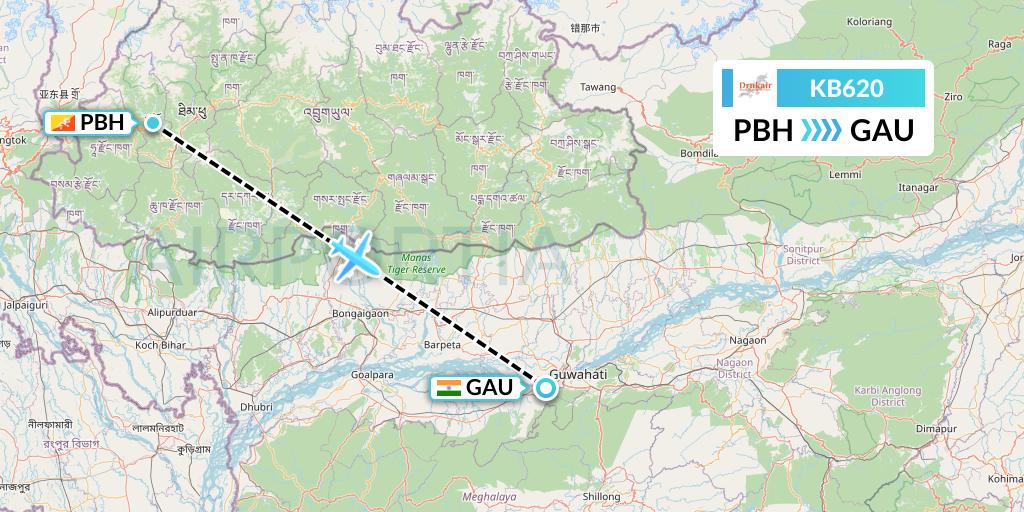 KB620 Druk Air Flight Map: Paro to Guwahati