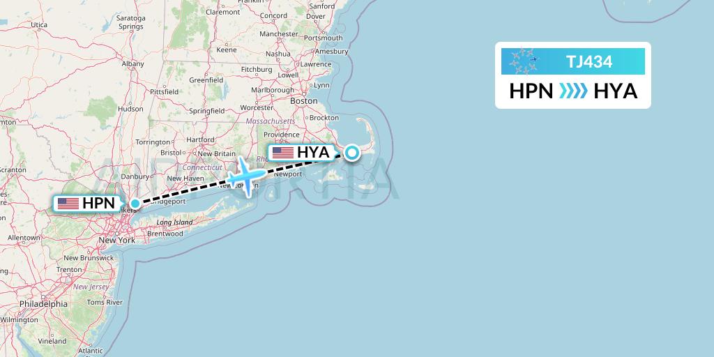 TJ434 Tradewind Aviation Flight Map: White Plains to Hyannis