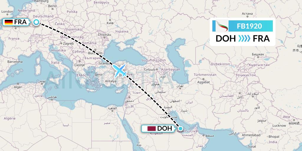FB1920 Bulgaria Air Flight Map: Doha to Frankfurt