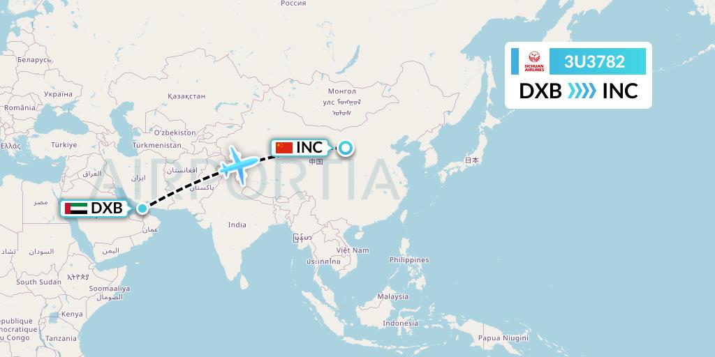 3U3782 Sichuan Airlines Flight Map: Dubai to Yinchuan