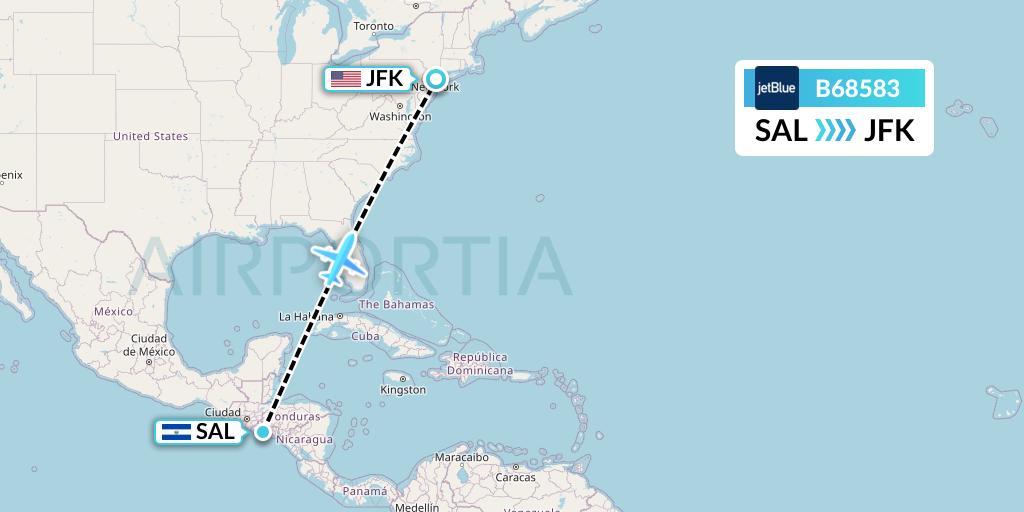 B68583 JetBlue Airways Flight Map: San Salvador to New York