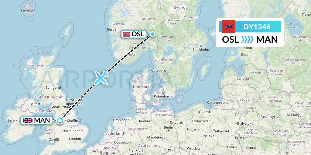DY1346 Norwegian Flight Map: Oslo to Manchester