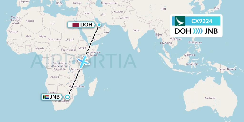 CX9224 Cathay Pacific Flight Map: Doha to Johannesburg