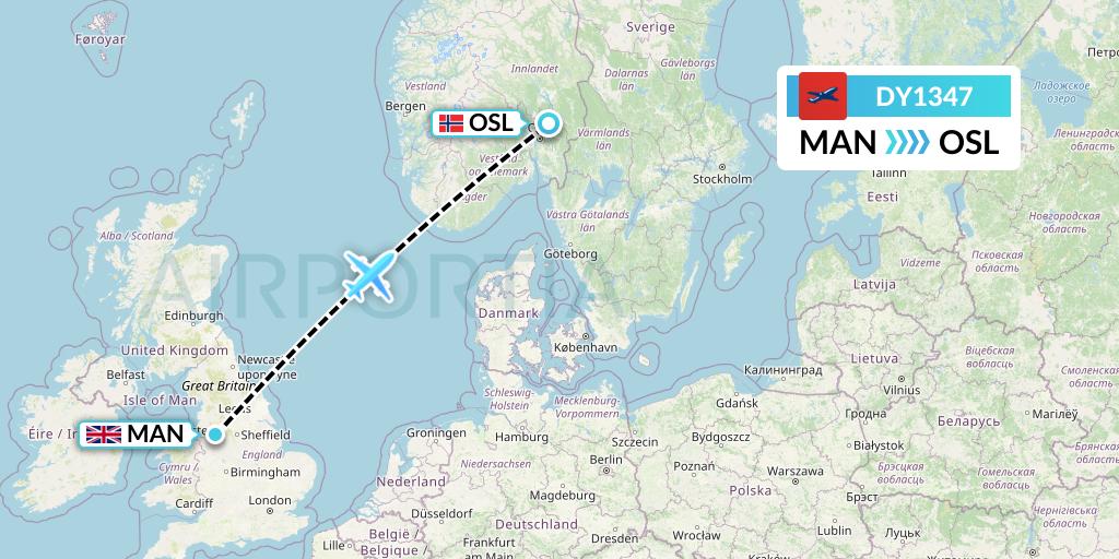 DY1347 Norwegian Flight Map: Manchester to Oslo