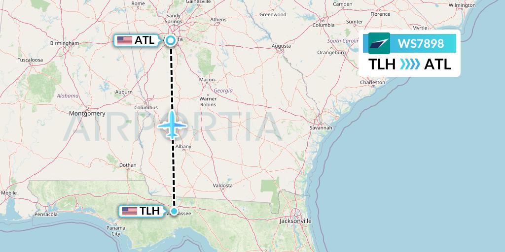 WS7898 WestJet Flight Map: Tallahassee to Atlanta