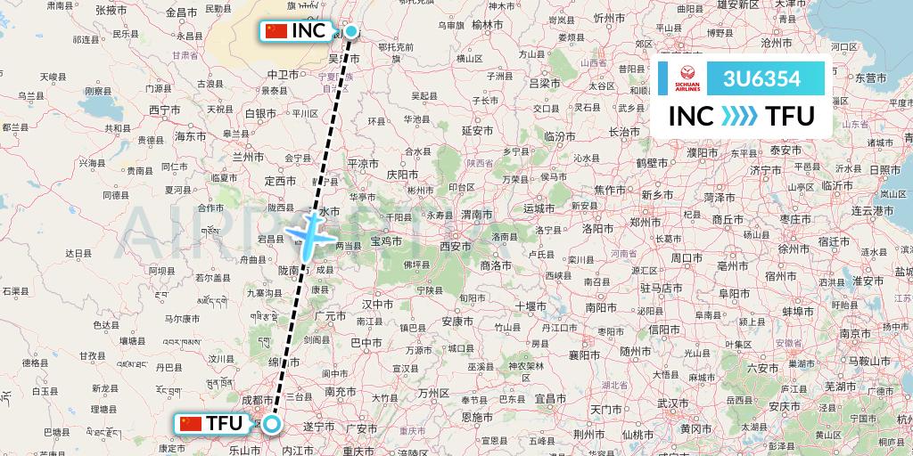 3U6354 Sichuan Airlines Flight Map: Yinchuan to Chengdu
