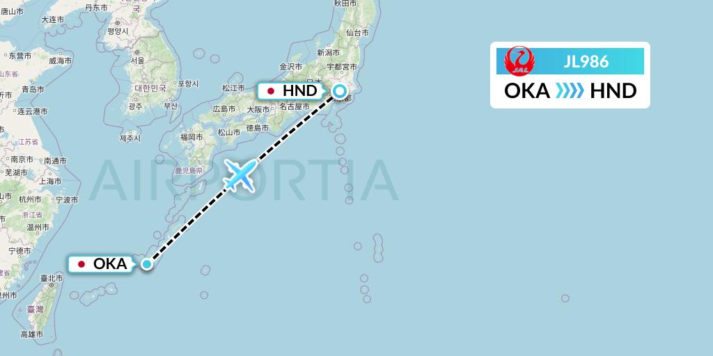 JL986 Japan Airlines Flight Map: Naha to Tokyo