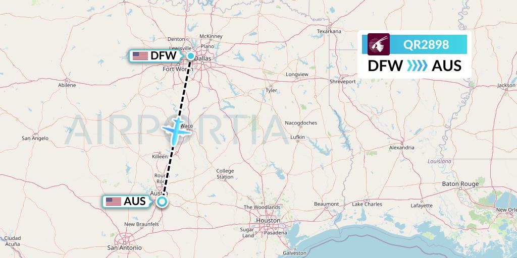 QR2898 Qatar Airways Flight Map: Dallas to Austin