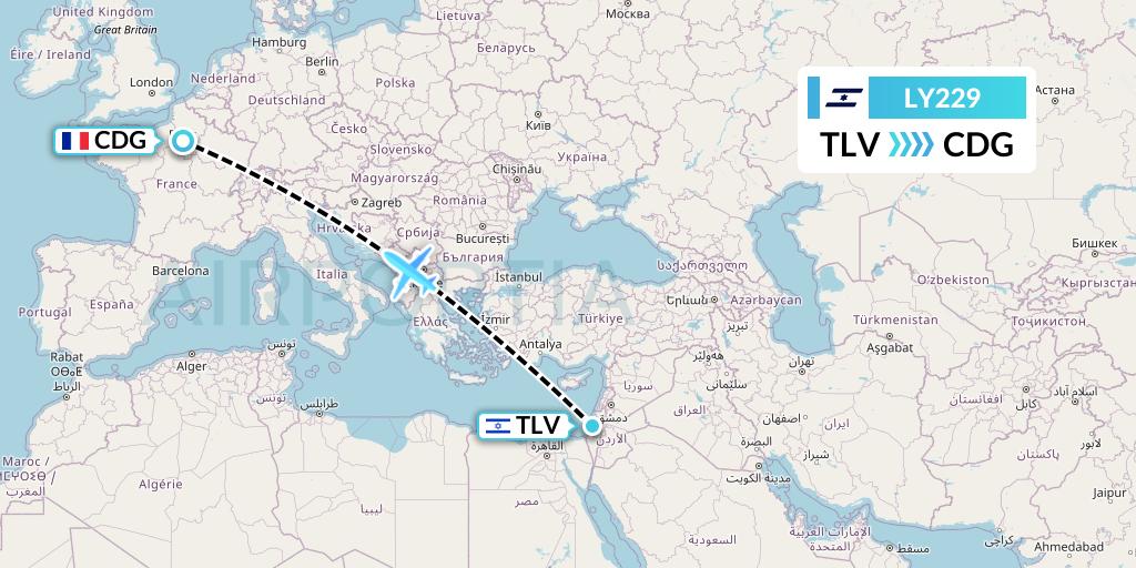 LY229 El Al Flight Map: Tel Aviv to Paris