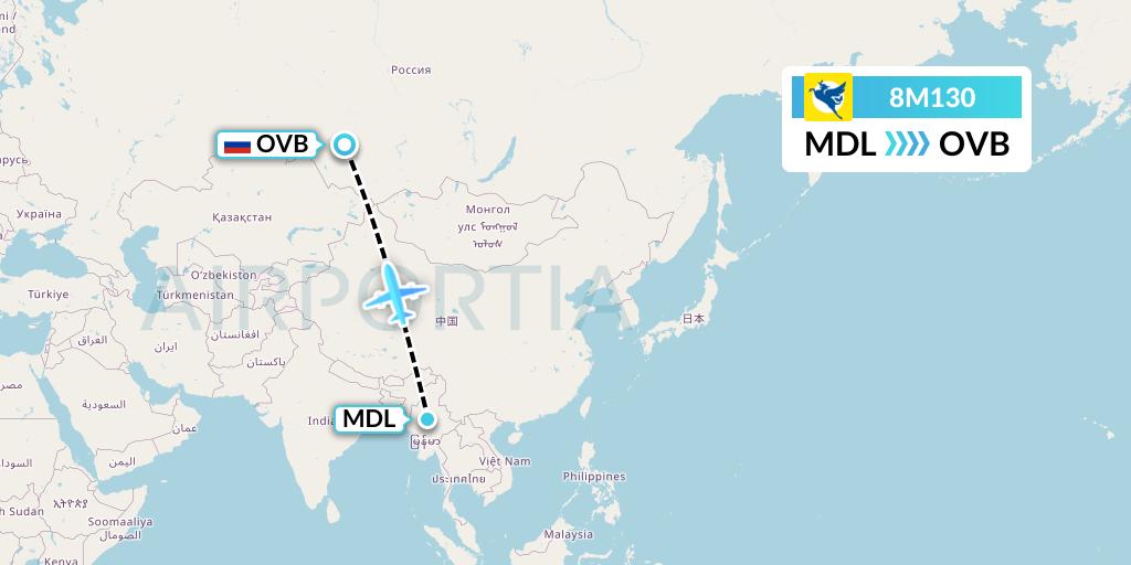 8M130 Myanmar Airways International Flight Map: Mandalay to Novosibirsk