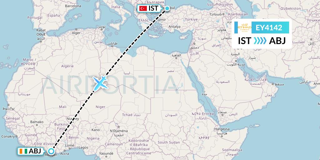 EY4142 Etihad Airways Flight Map: Istanbul to Abidjan