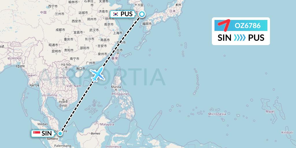 OZ6786 Asiana Airlines Flight Map: Singapore to Busan