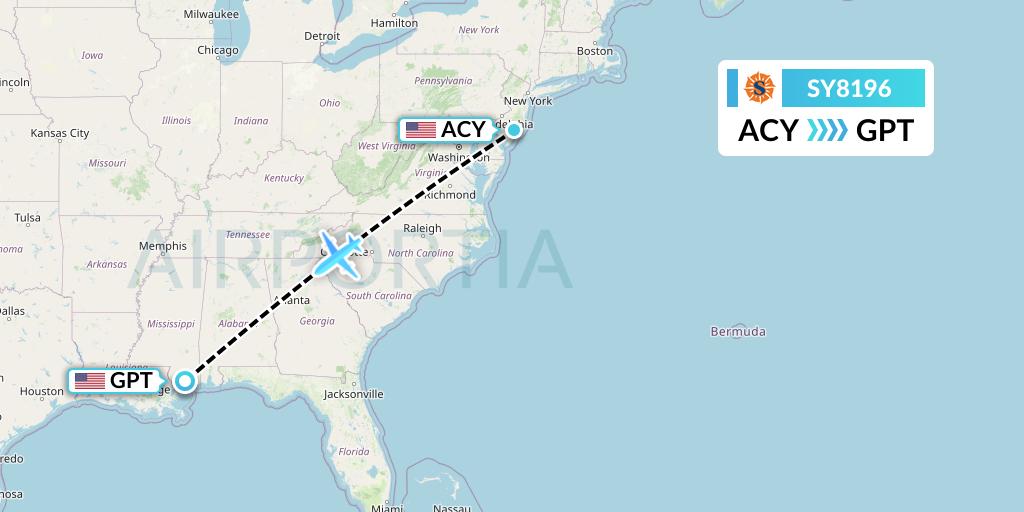 SY8196 Sun Country Airlines Flight Map: Atlantic City to Gulfport