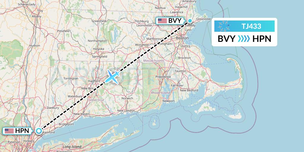 TJ433 Tradewind Aviation Flight Map: Beverly to White Plains