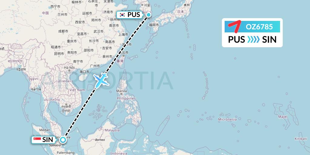 OZ6785 Asiana Airlines Flight Map: Busan to Singapore