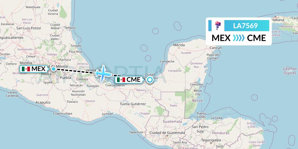 LA7569 LAN Airlines Flight Map: Mexico City to Ciudad del Carmen