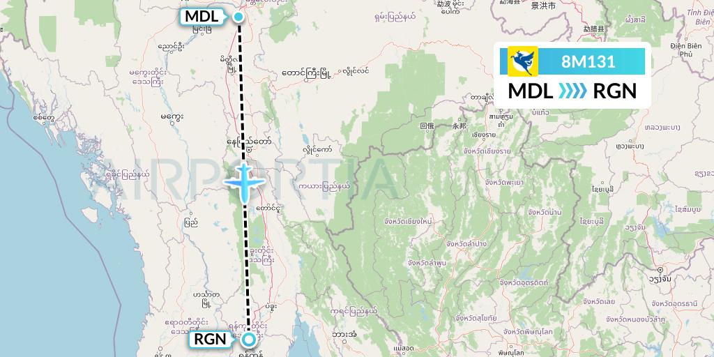 8M131 Myanmar Airways International Flight Map: Mandalay to Yangon