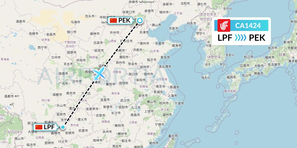 CA1424 Air China Flight Map: Liupanshui to Beijing