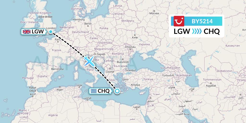 BY5214 TUI Airways Flight Map: London to Chania
