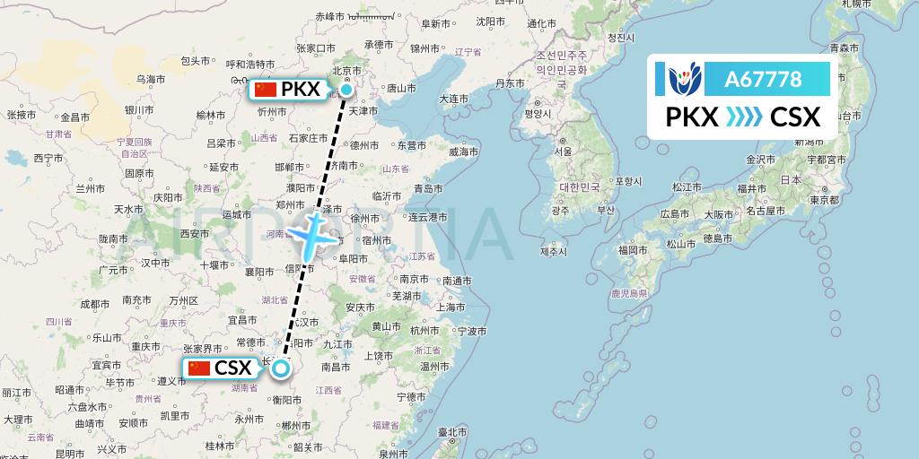 A67778 Hongtu Airlines Flight Map: Beijing to Changsha