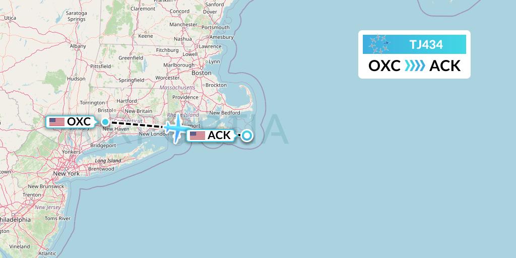 TJ434 Tradewind Aviation Flight Map: Oxford to Nantucket