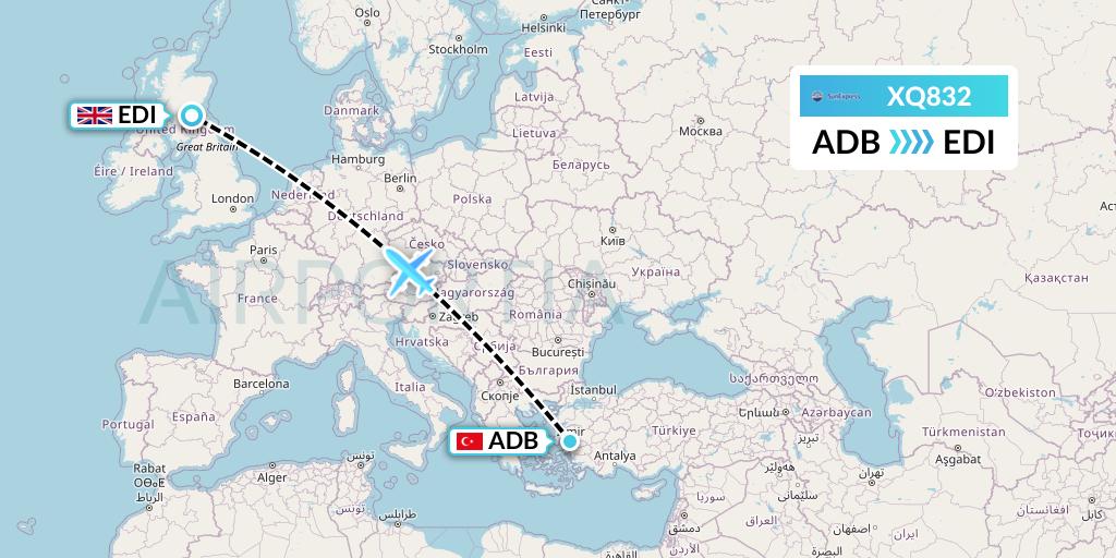 XQ832 SunExpress Flight Map: Izmir to Edinburgh