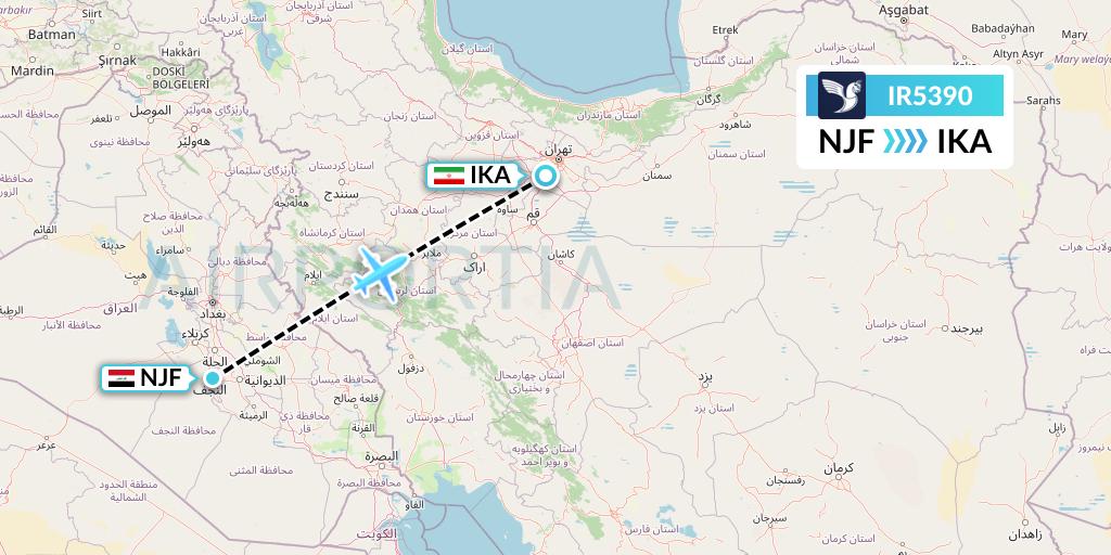 IR5390 Iran Air Flight Map: Najaf to Tehran