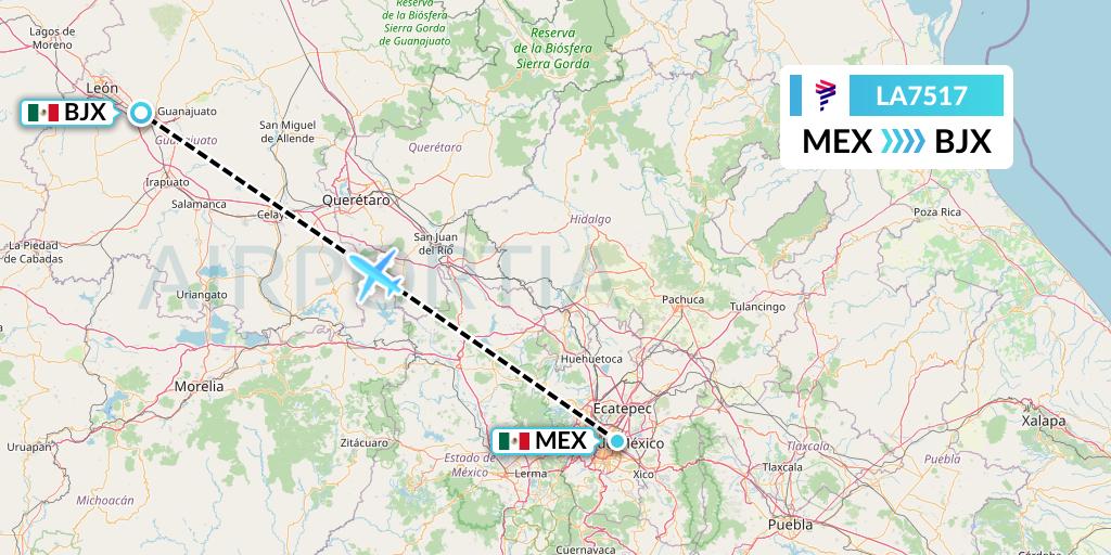LA7517 LAN Airlines Flight Map: Mexico City to Silao