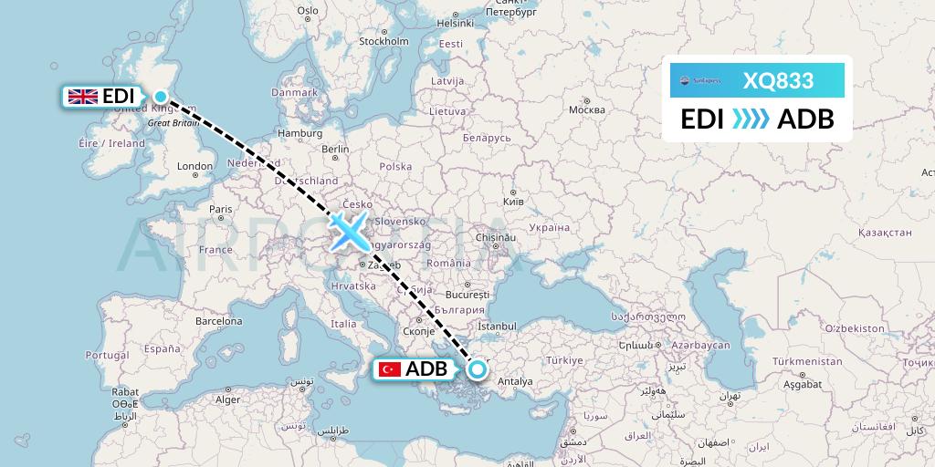 XQ833 SunExpress Flight Map: Edinburgh to Izmir
