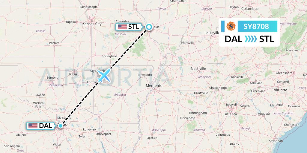 SY8708 Sun Country Airlines Flight Map: Dallas to St. Louis
