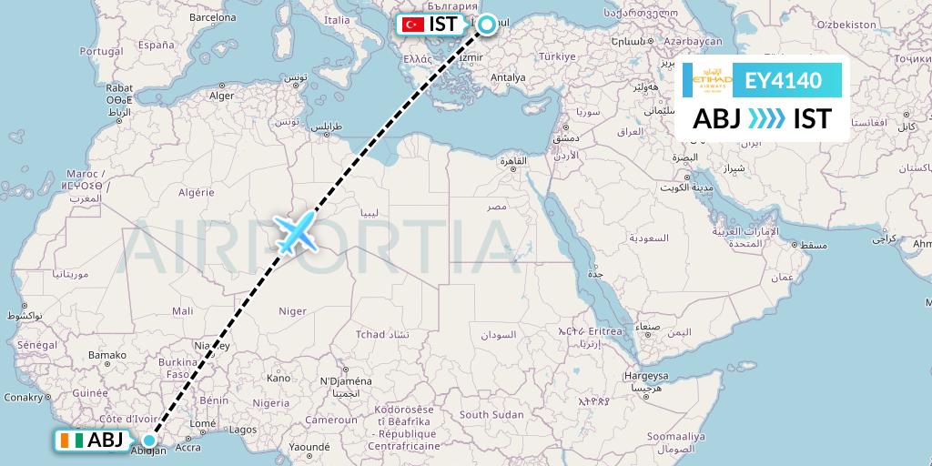 EY4140 Etihad Airways Flight Map: Abidjan to Istanbul