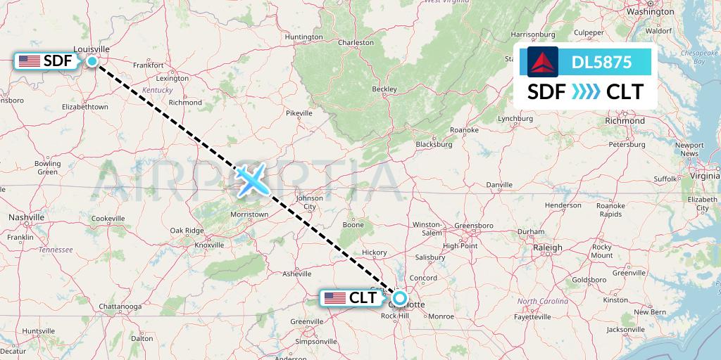 DL5875 Delta Air Lines Flight Map: Louisville to Charlotte