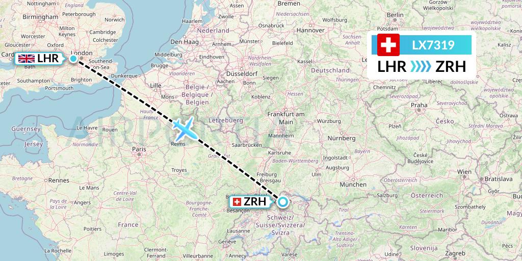 LX7319 Swiss Flight Map: London to Zurich