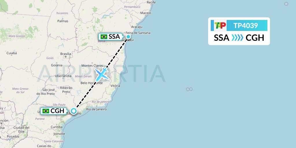 TP4039 TAP Portugal Flight Map: Salvador to Sao Paulo