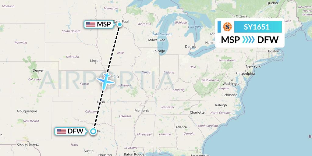SY1651 Sun Country Airlines Flight Map: Minneapolis to Dallas