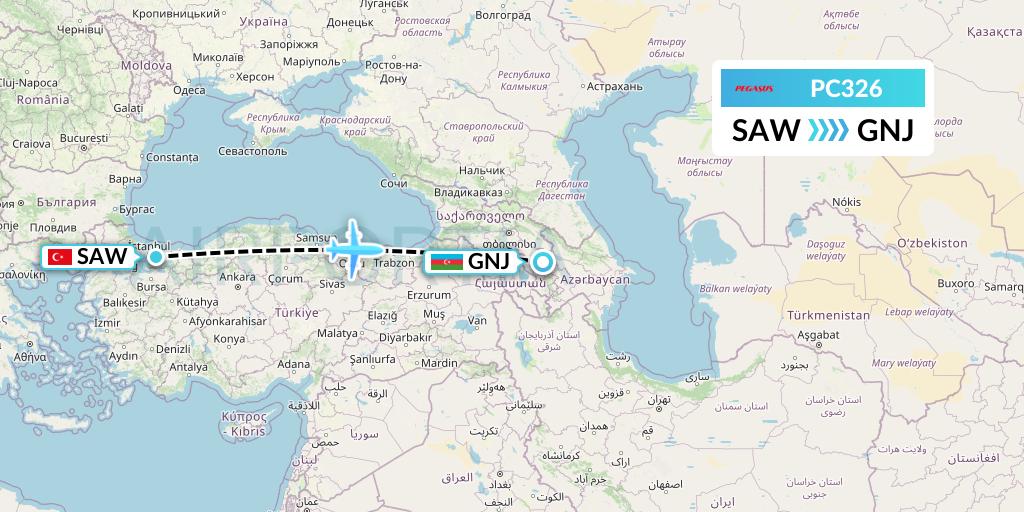 PC326 Pegasus Airlines Flight Map: Istanbul to Ganja