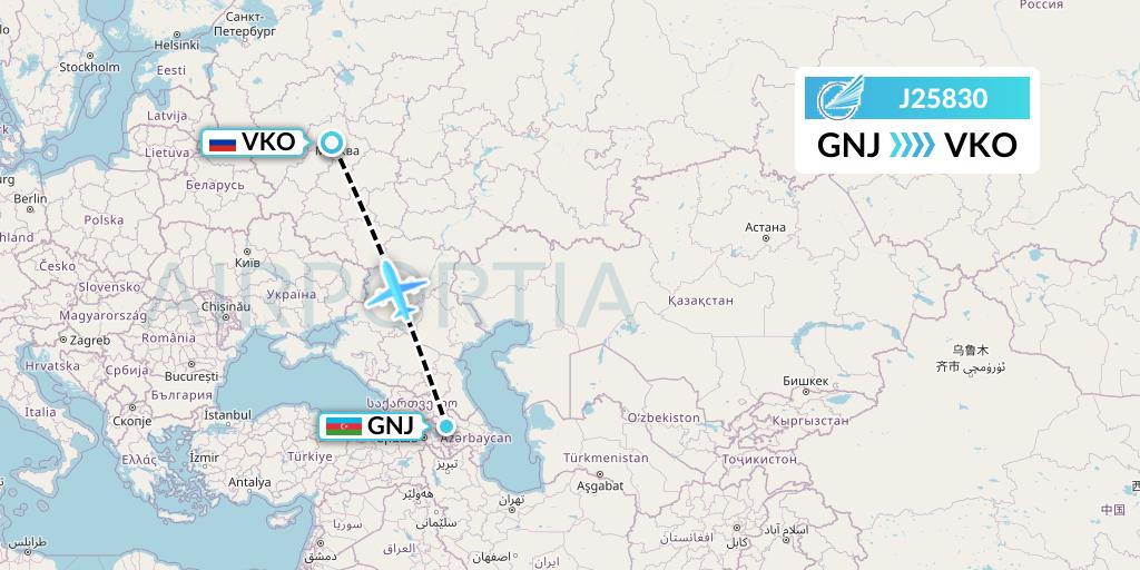 J25830 Azerbaijan Airlines Flight Map: Ganja to Moscow