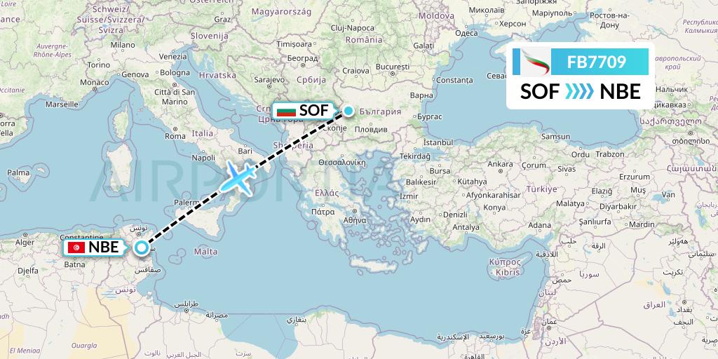 FB7709 Bulgaria Air Flight Map: Sofia to Enfidha