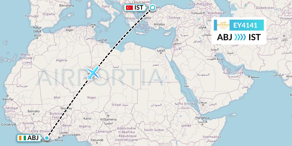 EY4141 Etihad Airways Flight Map: Abidjan to Istanbul
