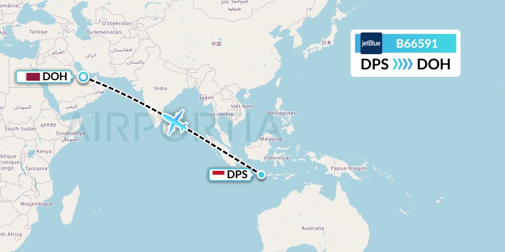 B66591 JetBlue Airways Flight Map: Denpasar to Doha