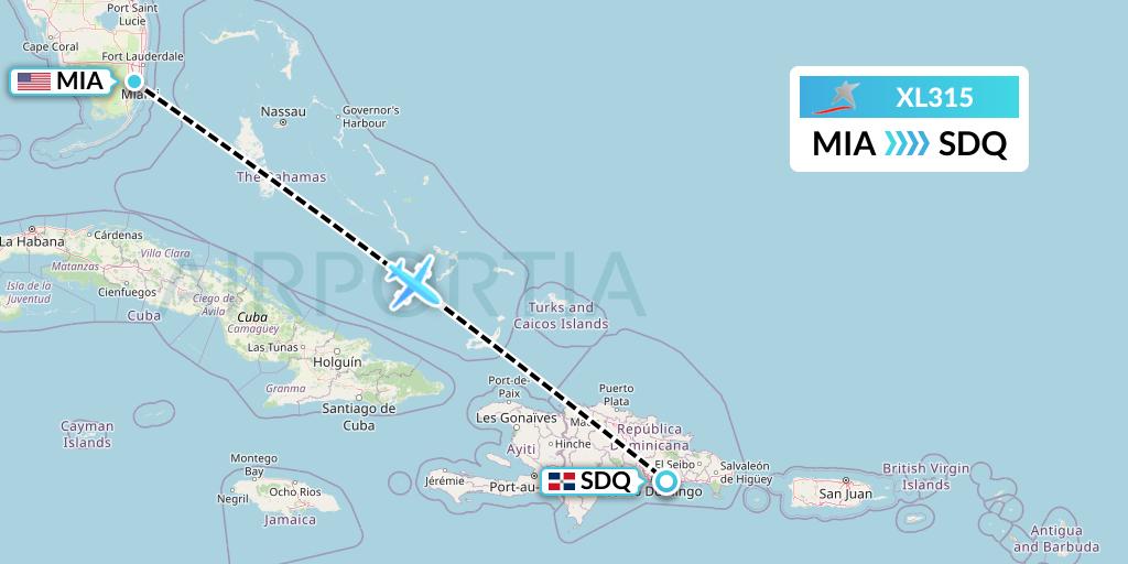 XL315 LATAM Airlines Ecuador Flight Map: Miami to Santo Domingo