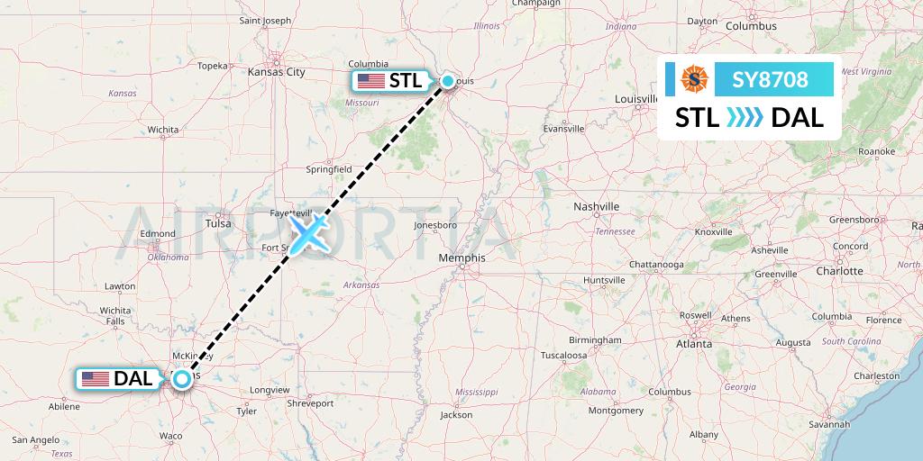 SY8708 Sun Country Airlines Flight Map: St. Louis to Dallas
