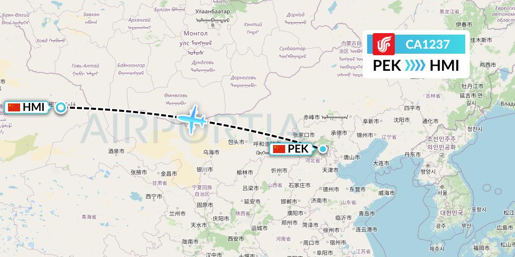 CA1237 Air China Flight Map: Beijing to Hami City